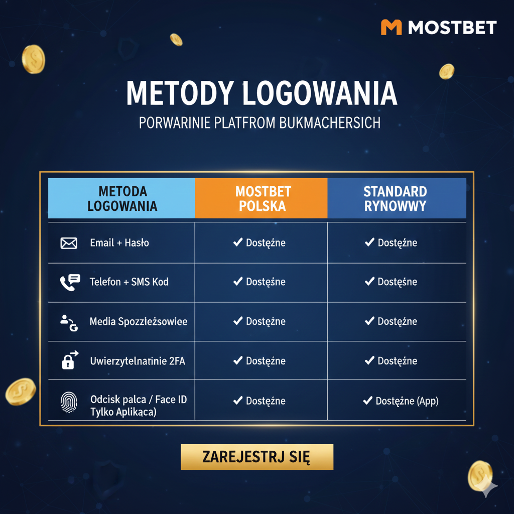Comparison table of login methods for different bookmaker platforms