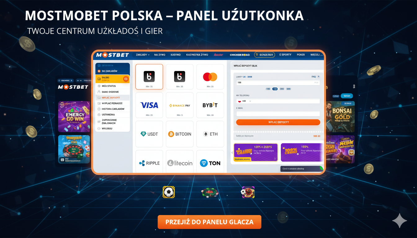 Panel użytkownika Mostbet Polska z opcjami zakładów i gier