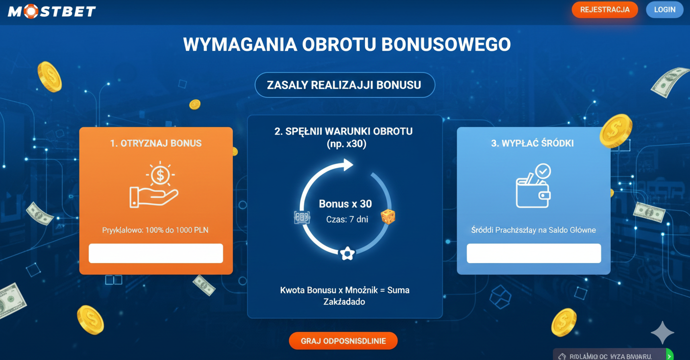 Graphic showing bonus wagering requirements at Mostbet