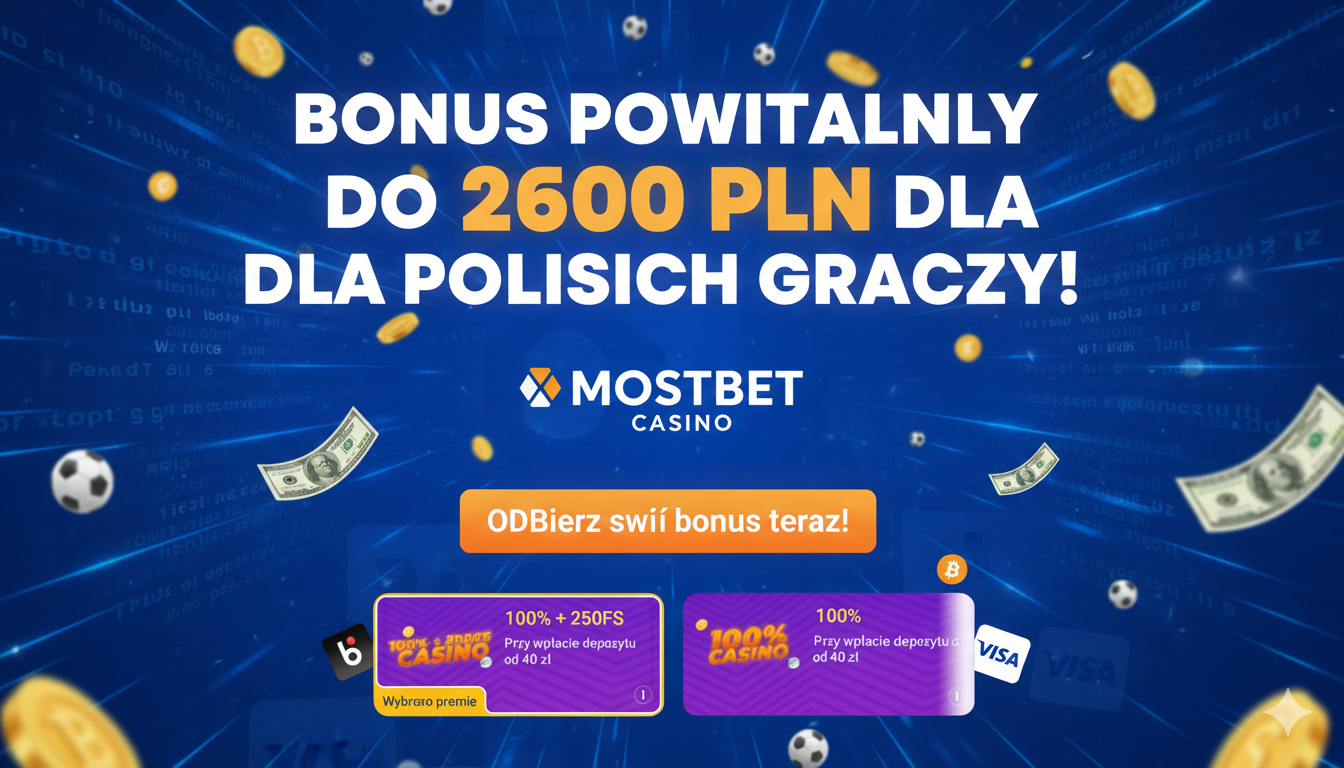 Grafika przedstawiająca bonus powitalny Mostbet do 2600 PLN dla polskich graczy