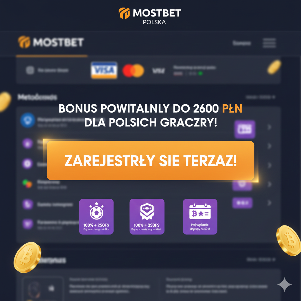 Przycisk rejestracji w Mostbet Polska z ofertą bonusu powitalnego