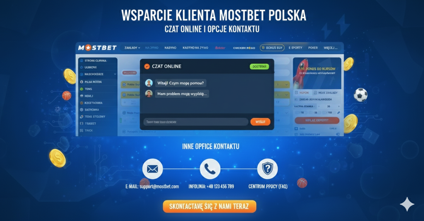 Interfejs czatu online Mostbet Polska z opcjami kontaktu obsługi klienta
