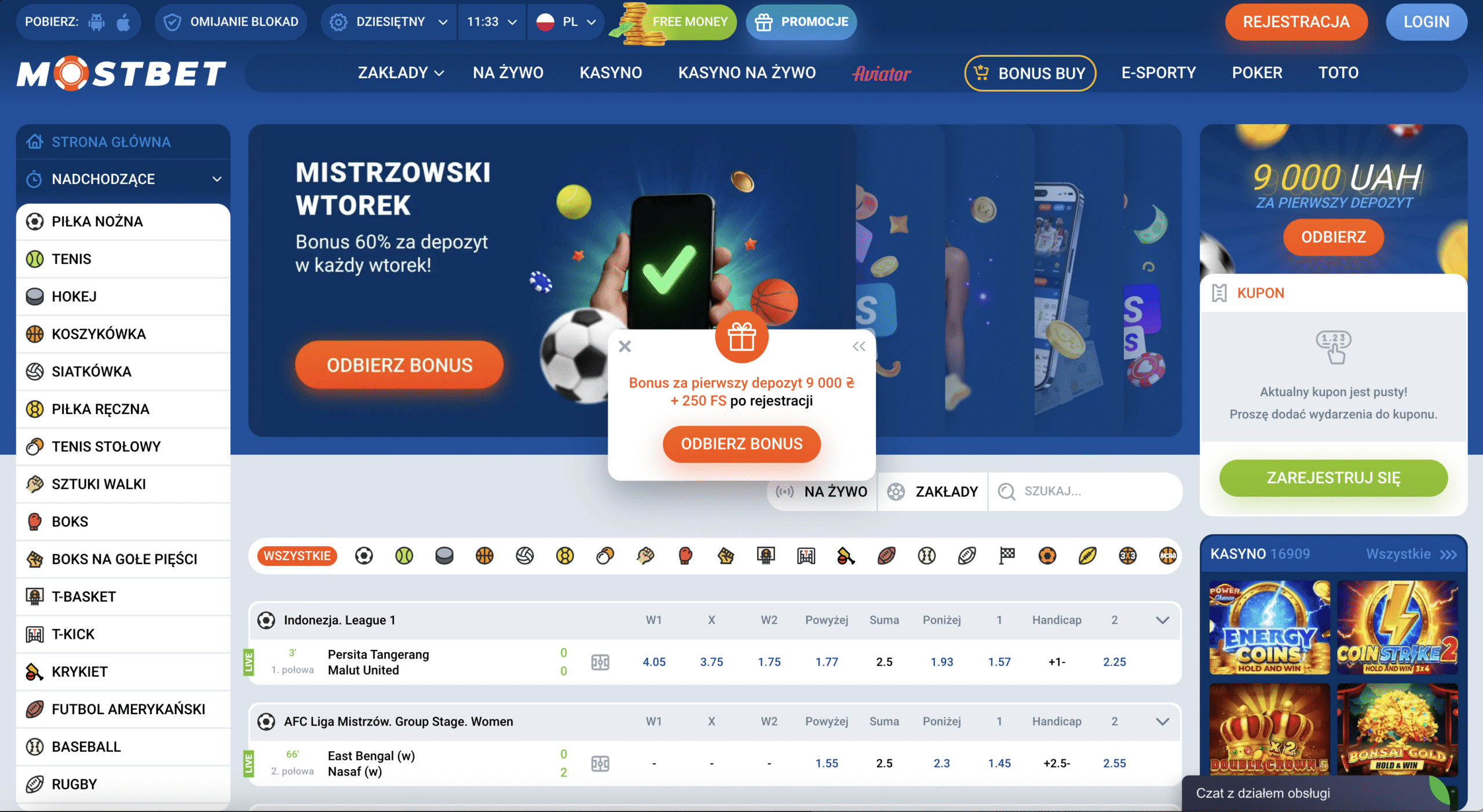 Strona główna Mostbet Polska z menu kasyna i zakładów sportowych