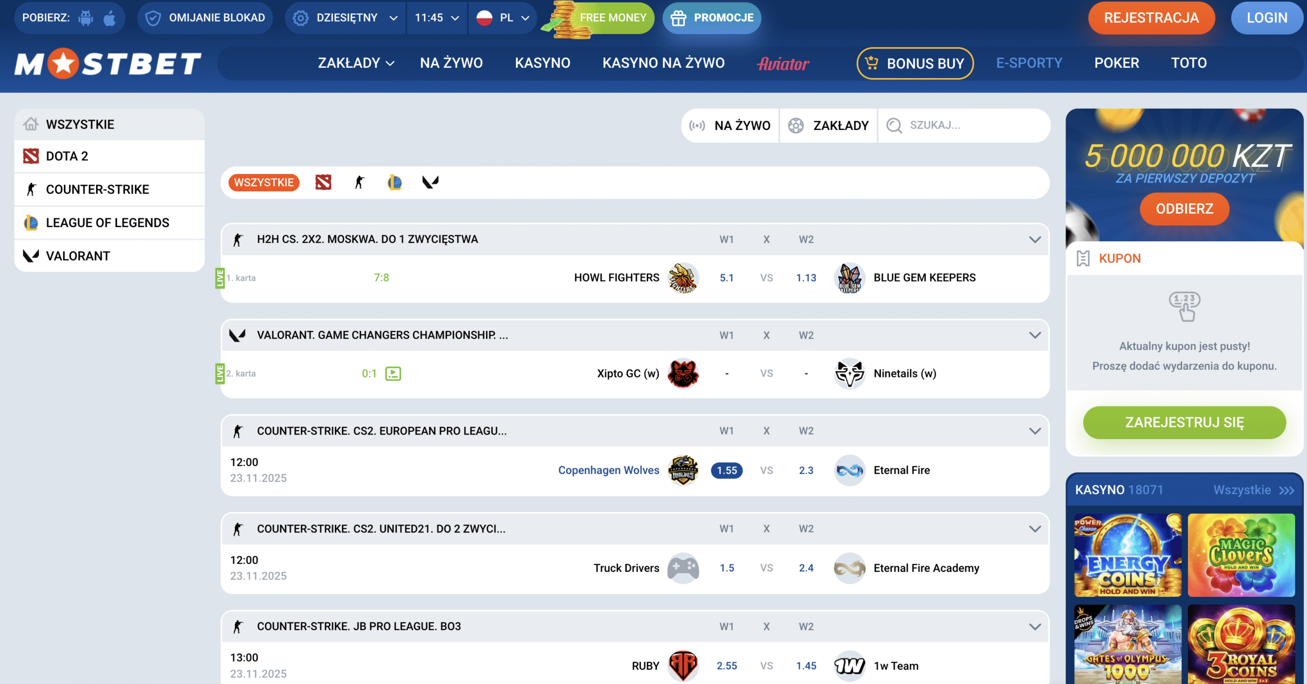 Sekcja zakładów e-sportowych w Mostbet z popularnymi grami
