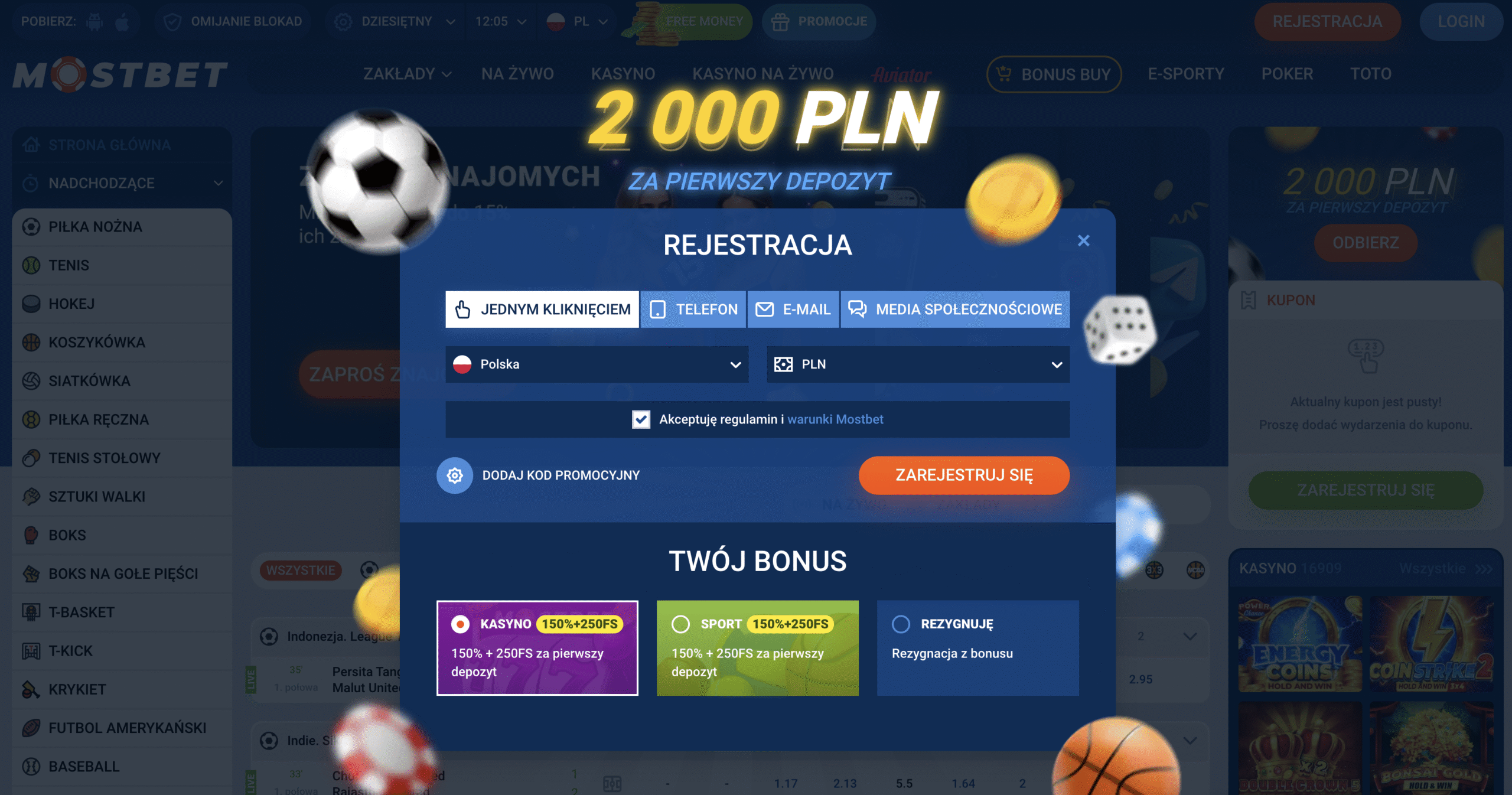 Mostbet Polska login panel with account access form