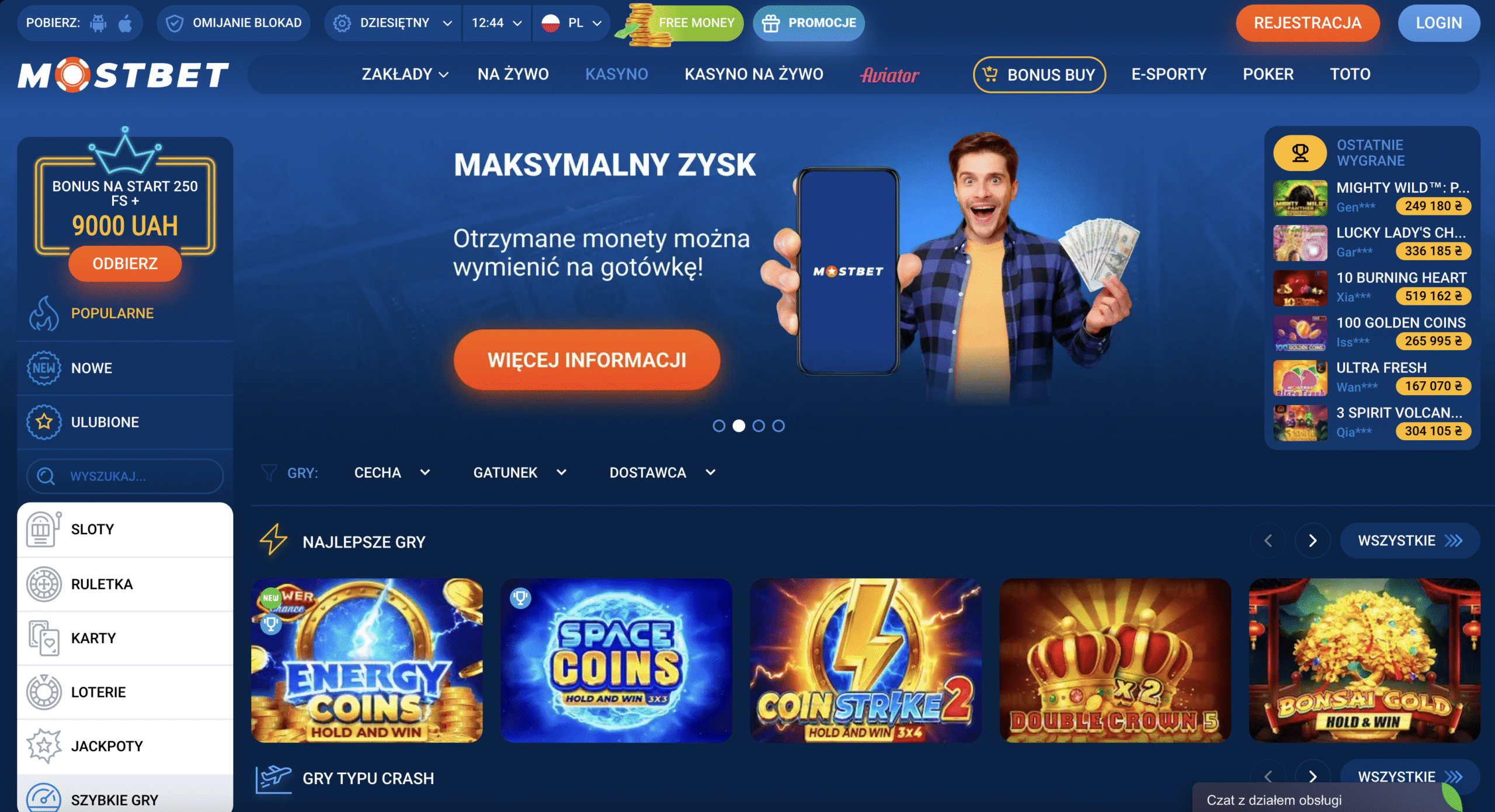Interfejs główny kasyna Mostbet Polska z automatami i grami na żywo