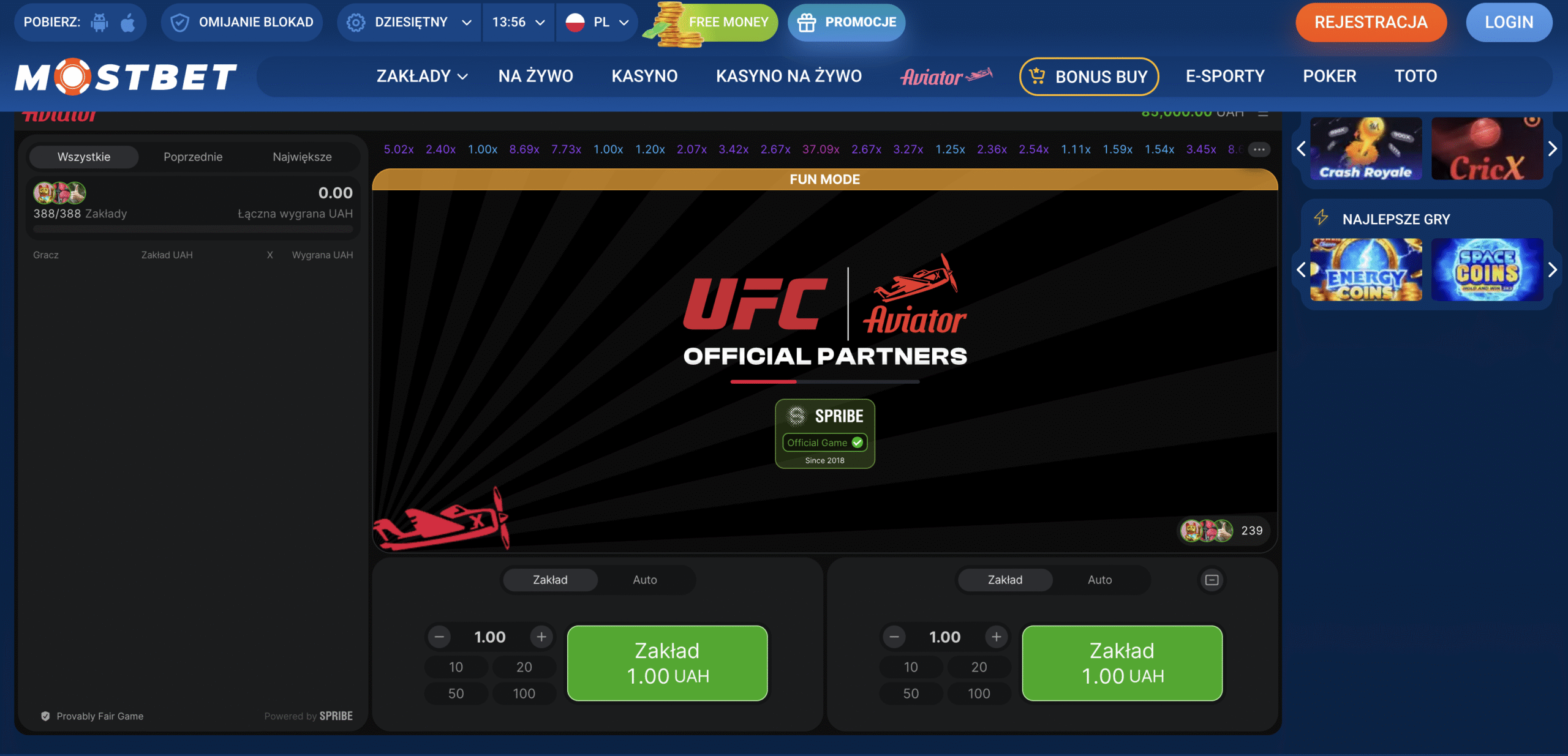 Aviator game interface at Mostbet Polska with rising multiplier