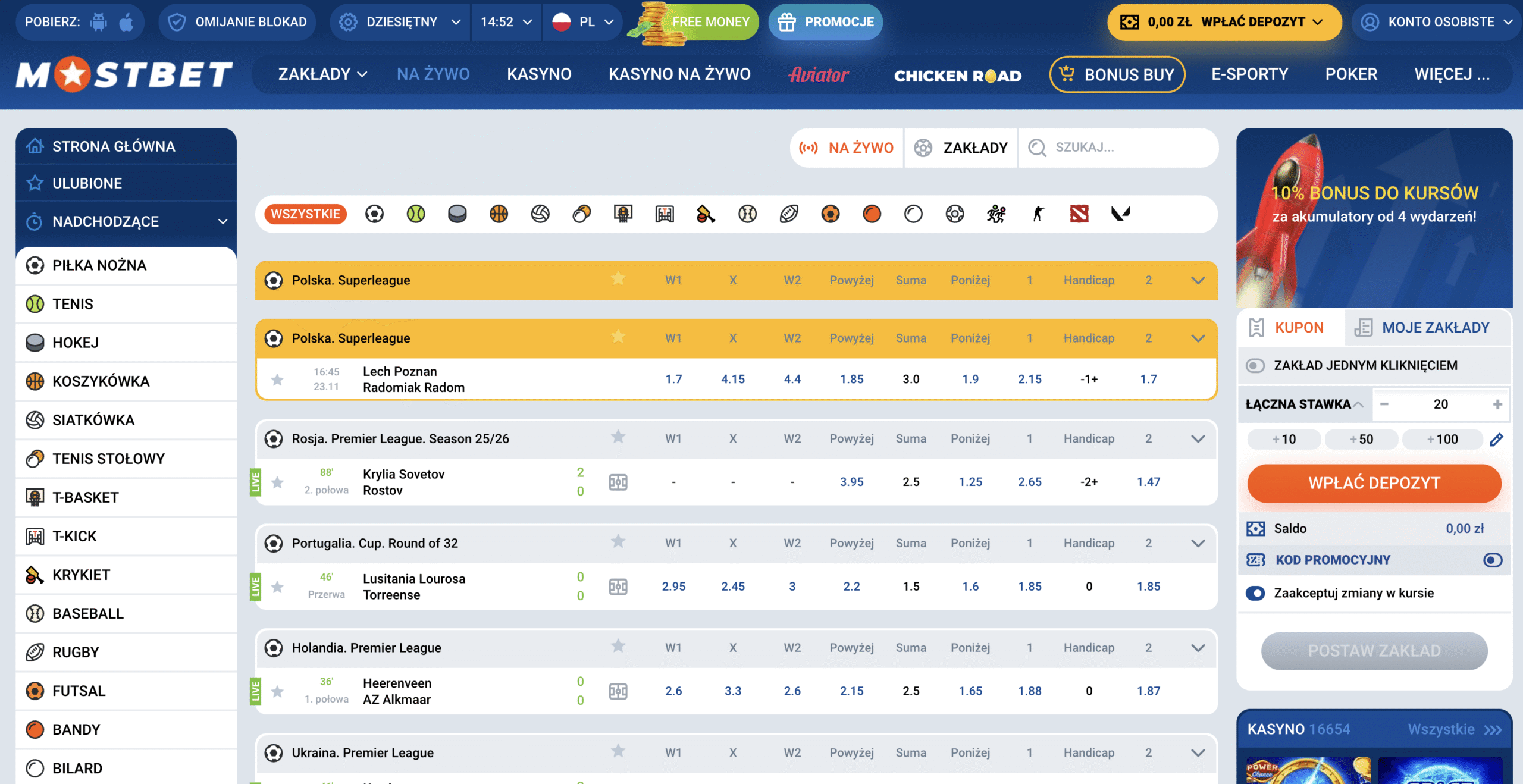 Zakłady sportowe Mostbet Polska - interfejs platformy z kursami live