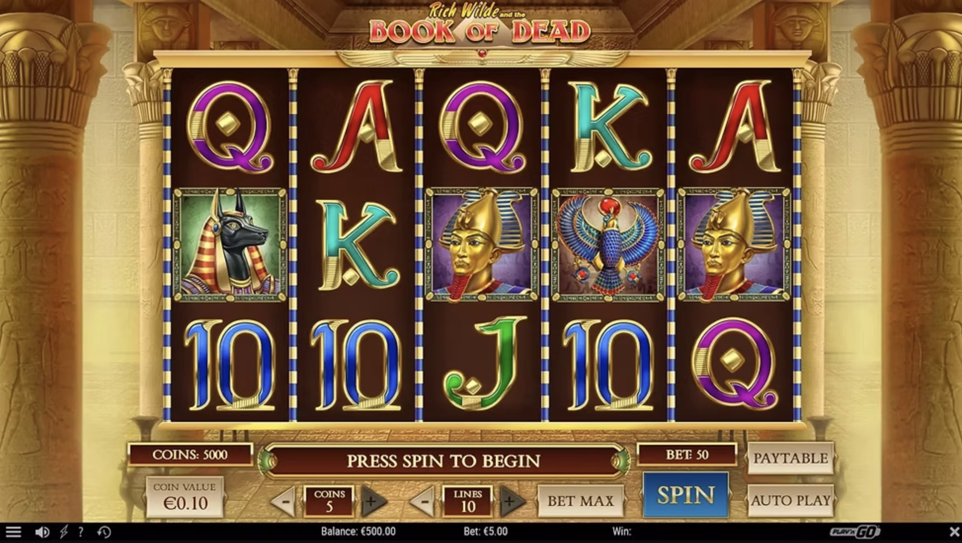 Book of Dead interfejs gry od Play'n GO
