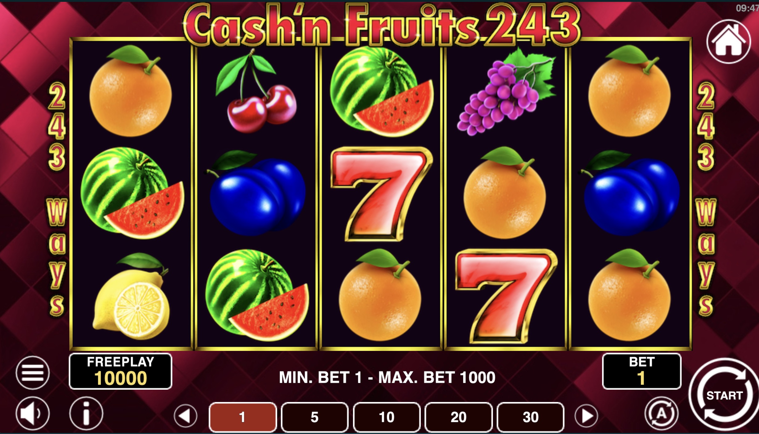 Lucky Cash'n Fruits 243 automat wideo od 1spin4win – widok bębnów